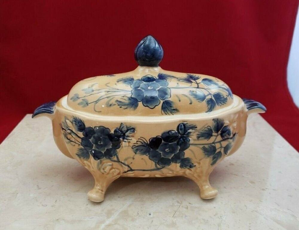 Katherine's Collection Handpainted In Thailand Blue Flower Candy Dish with Lid